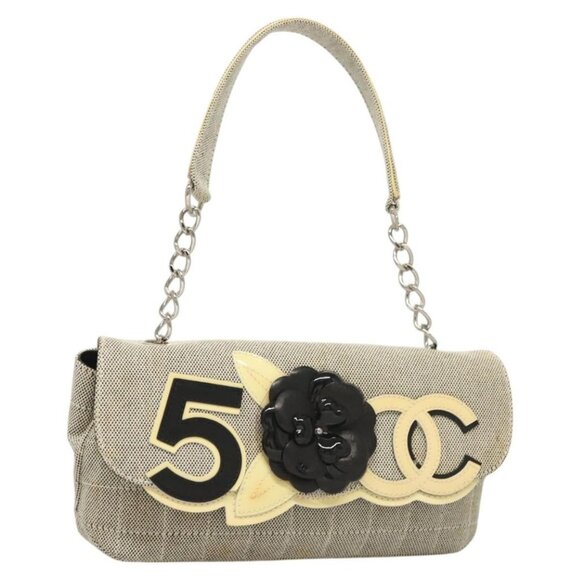 CHANEL Choco Bar Chain Camelia Shoulder Bag Canvas Gray Silver CC Auth 127321 - Picture 1 of 16